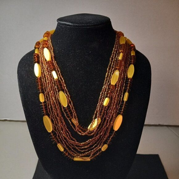 Vintage Multi strand Beaded Yellow and Golden Amber Necklace Cottagecore Grandma - Picture 1 of 8